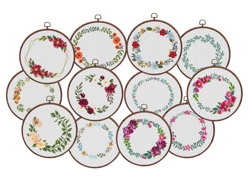 Wreath cross stitch pattern, Floral wreath cross stitch chart, custom cross stitch, flower personalized, set