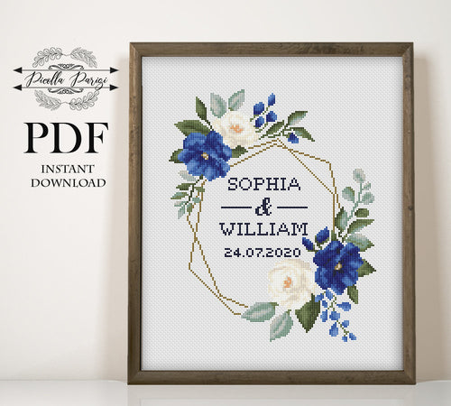 Wedding cross stitch pattern, Floral wreath cross stitch chart, custom cross stitch, flower personalized, blue rose cross stitch pattern pdf